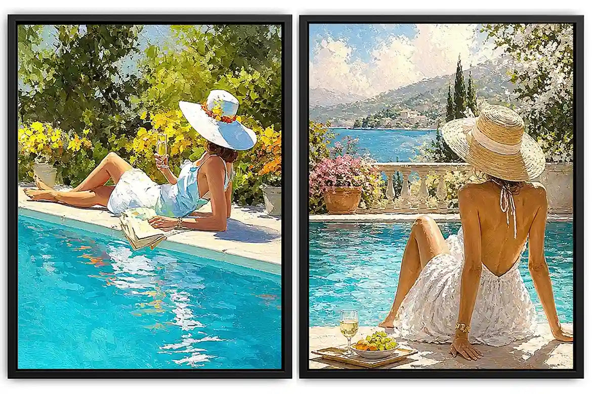 Mediterranean poolside women diptych canvas art for relaxed coastal living room decor.