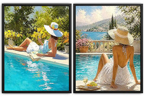 Mediterranean poolside women diptych canvas art for relaxed coastal living room decor.