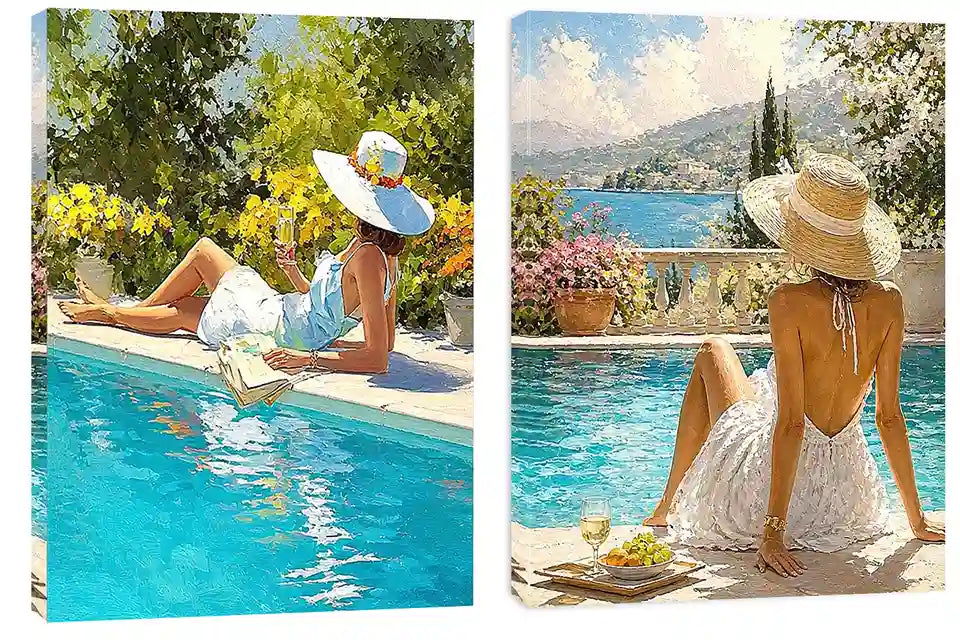Mediterranean poolside women diptych canvas art for relaxed coastal living room decor.