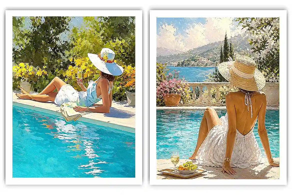 Mediterranean poolside women diptych canvas art for relaxed coastal living room decor.