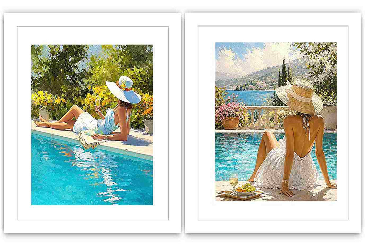 Mediterranean poolside women diptych canvas art for relaxed coastal living room decor.