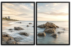 Coastal beach rocks diptych canvas art with soft ocean waves for serene living room decor.
