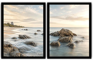 Coastal beach rocks diptych canvas art with soft ocean waves for serene living room decor.