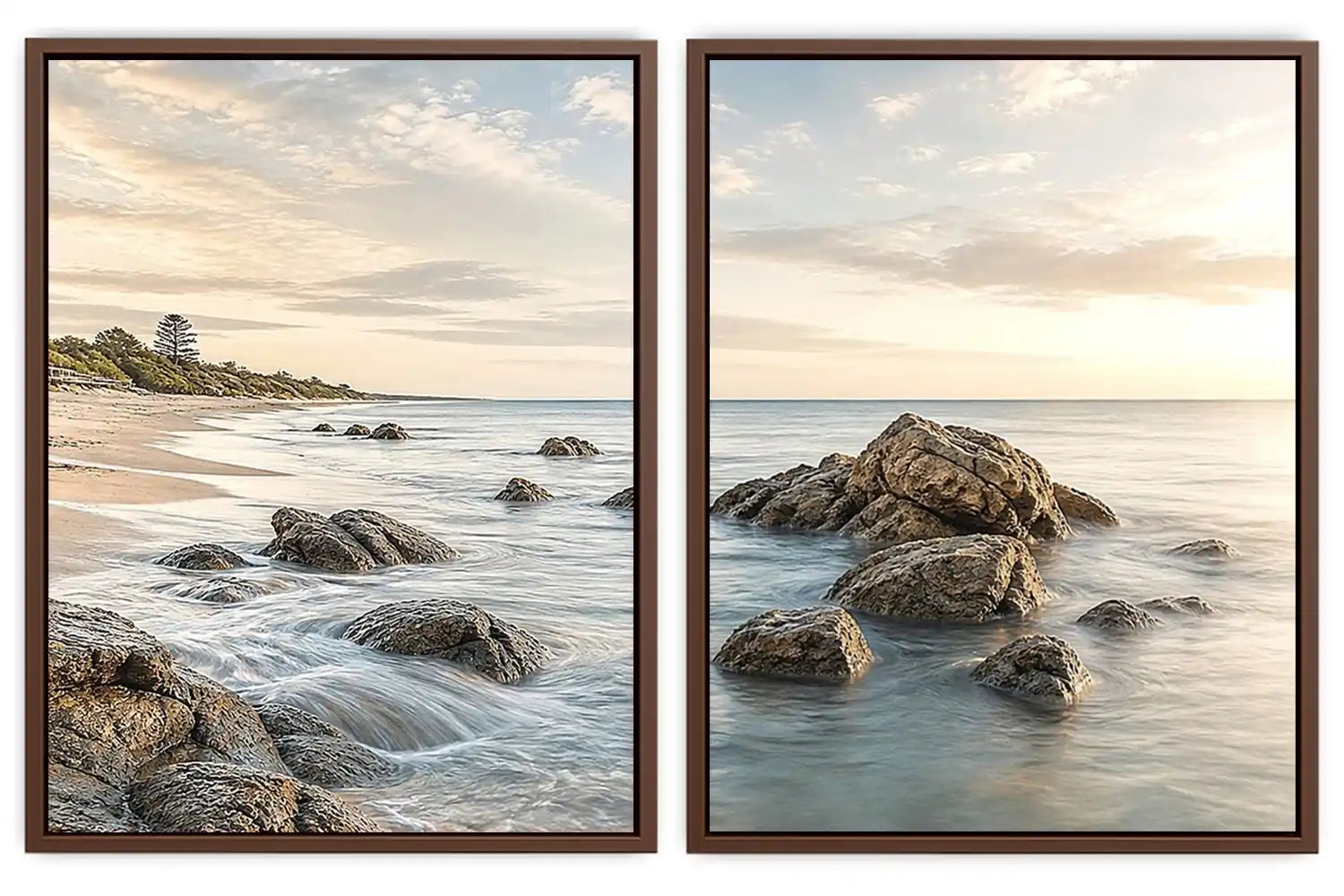 Coastal beach rocks diptych canvas art with soft ocean waves for serene living room decor.