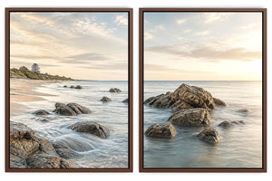 Coastal beach rocks diptych canvas art with soft ocean waves for serene living room decor.