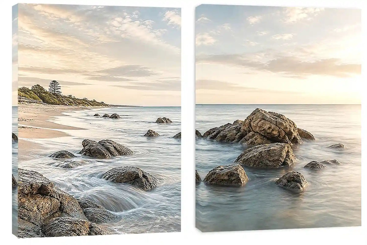 Coastal beach rocks diptych canvas art with soft ocean waves for serene living room decor.