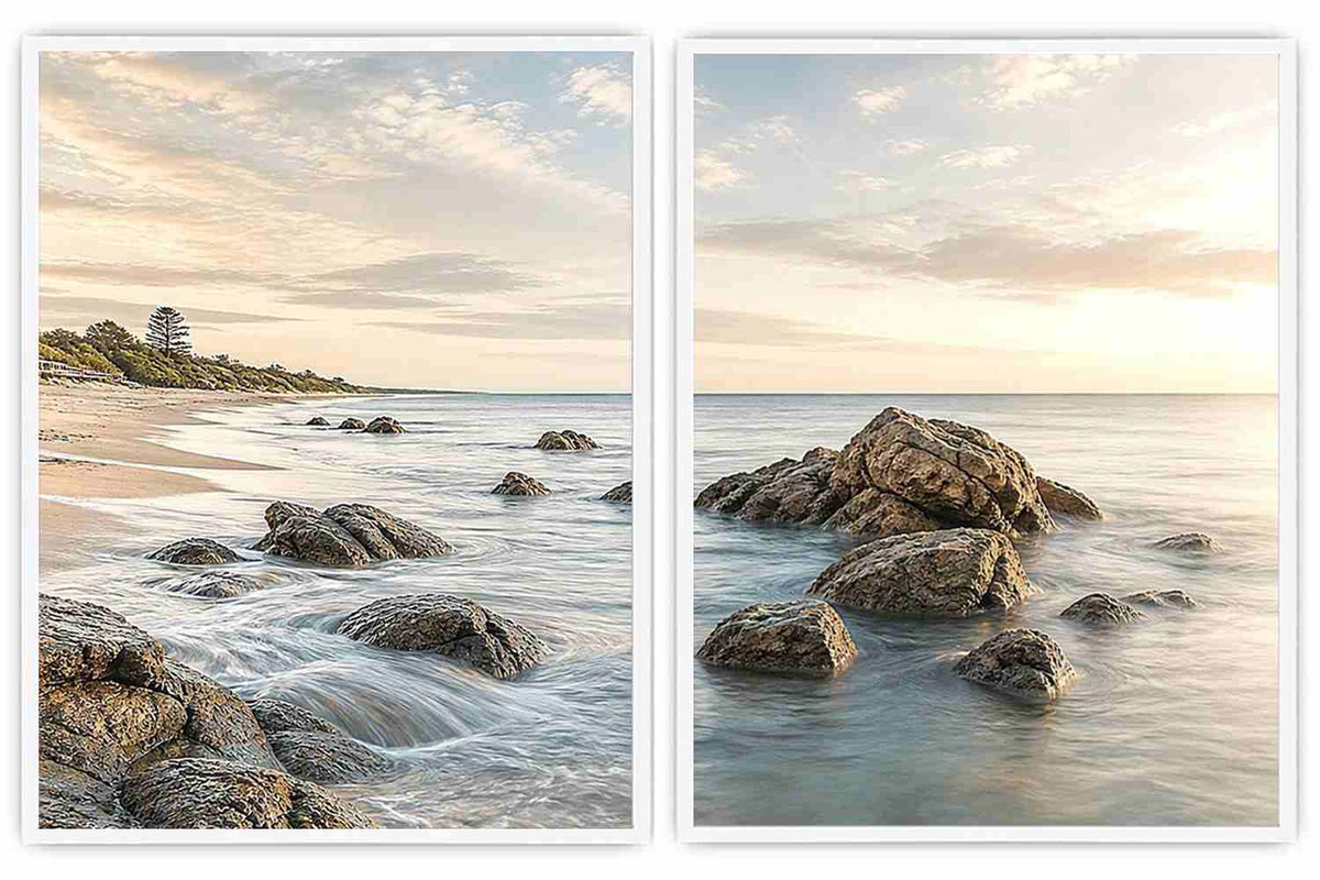 Coastal beach rocks diptych canvas art with soft ocean waves for serene living room decor.