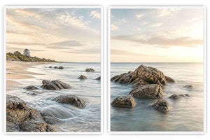 Coastal beach rocks diptych canvas art with soft ocean waves for serene living room decor.