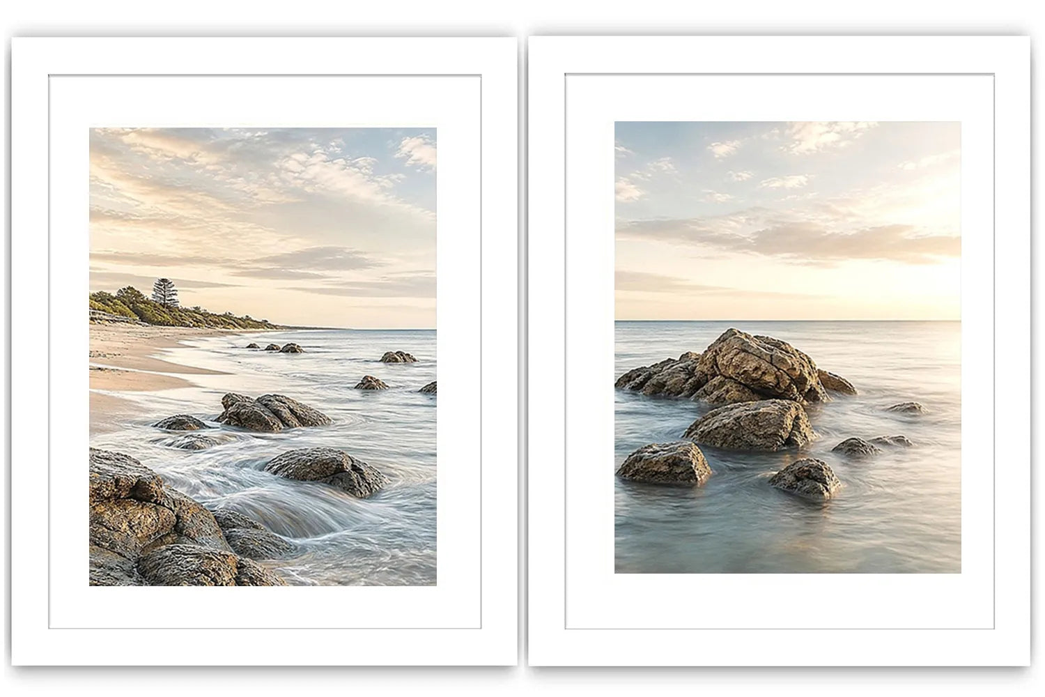 Coastal beach rocks diptych canvas art with soft ocean waves for serene living room decor.