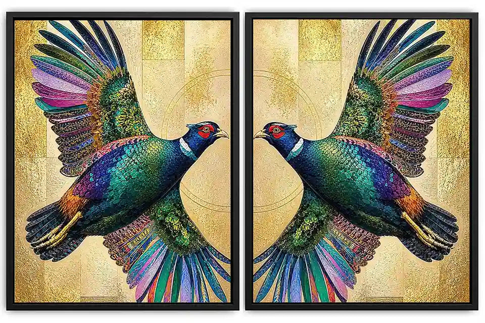 Colorful mirrored bird diptych canvas art with gold accents for luxury living room decor.