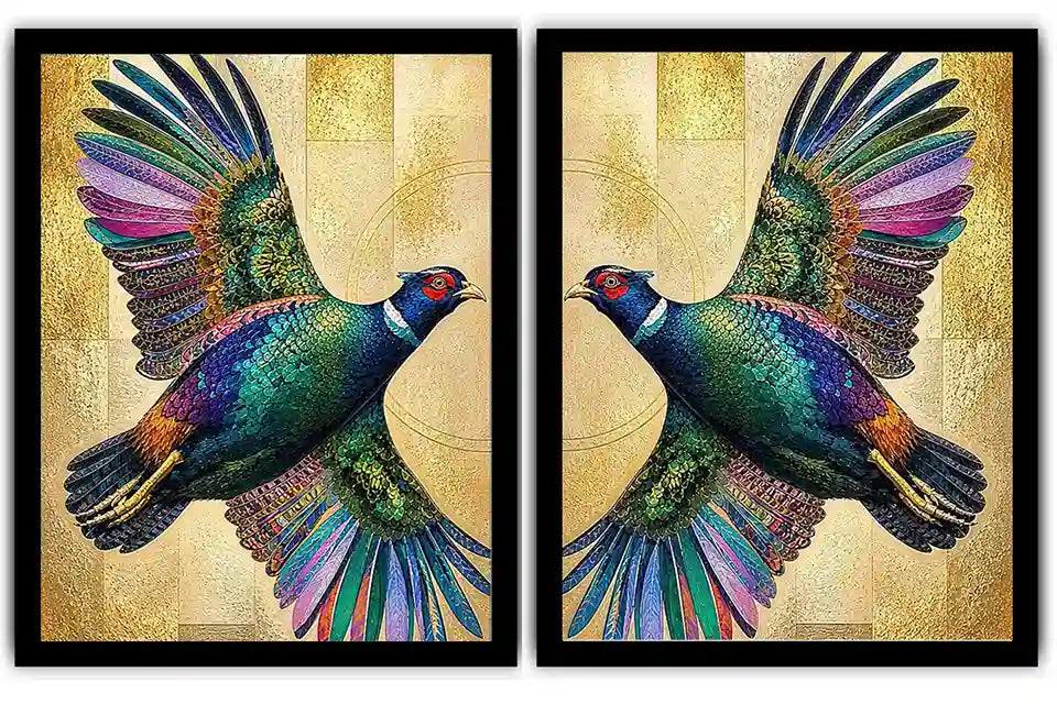Colorful mirrored bird diptych canvas art with gold accents for luxury living room decor.