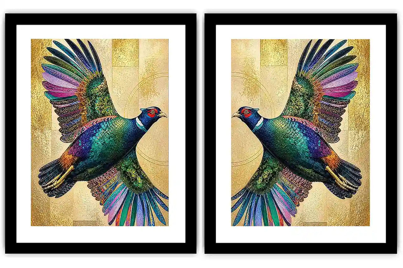 Colorful mirrored bird diptych canvas art with gold accents for luxury living room decor.