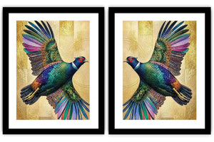 Colorful mirrored bird diptych canvas art with gold accents for luxury living room decor.