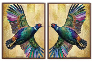 Colorful mirrored bird diptych canvas art with gold accents for luxury living room decor.