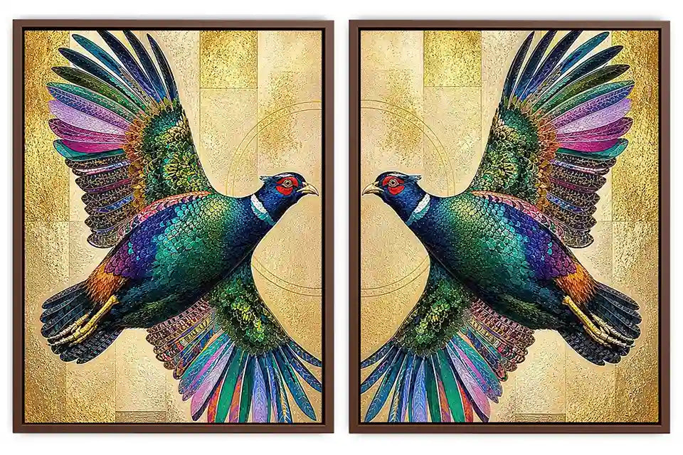 Colorful mirrored bird diptych canvas art with gold accents for luxury living room decor.