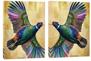 Colorful mirrored bird diptych canvas art with gold accents for luxury living room decor.