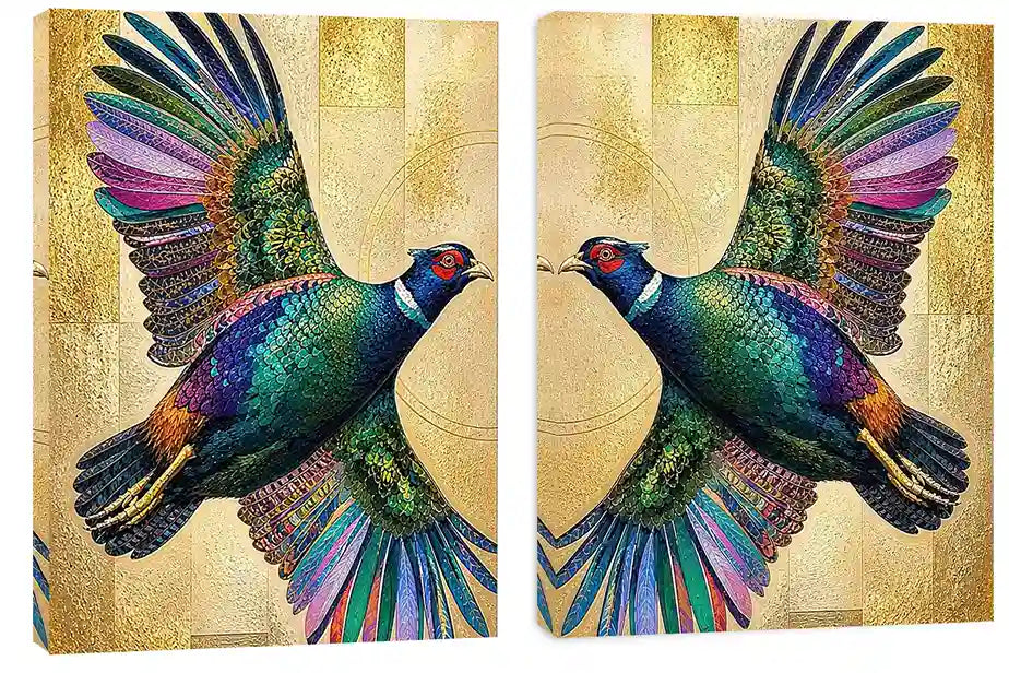 Colorful mirrored bird diptych canvas art with gold accents for luxury living room decor.