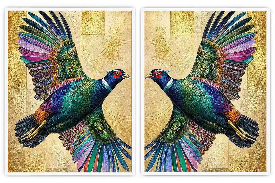 Colorful mirrored bird diptych canvas art with gold accents for luxury living room decor.
