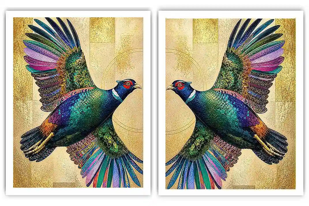 Colorful mirrored bird diptych canvas art with gold accents for luxury living room decor.