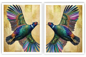 Colorful mirrored bird diptych canvas art with gold accents for luxury living room decor.