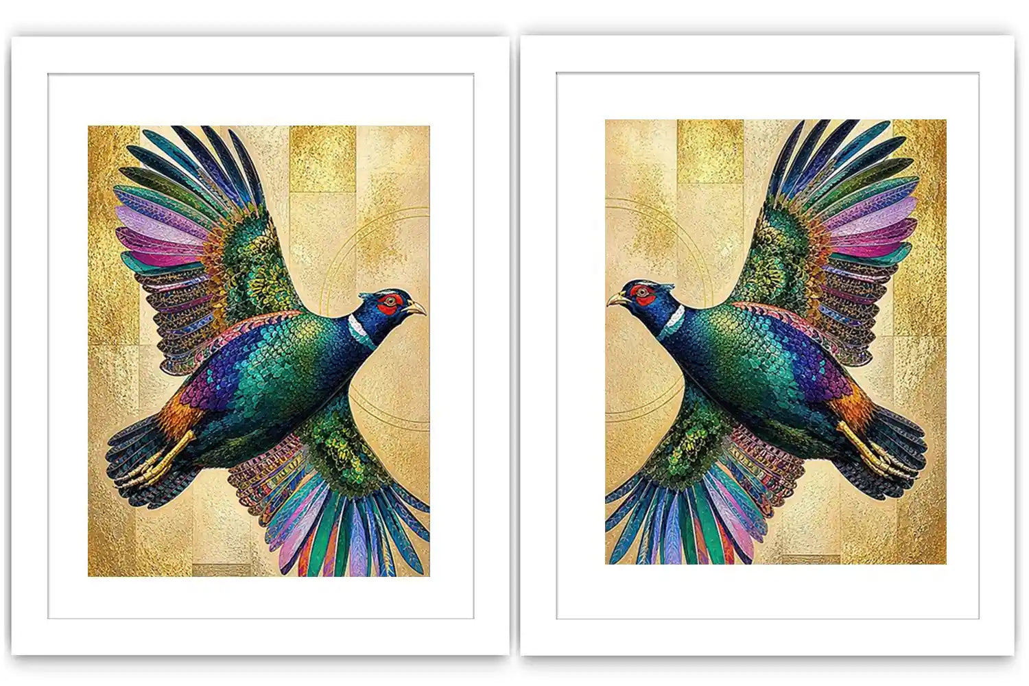 Colorful mirrored bird diptych canvas art with gold accents for luxury living room decor.