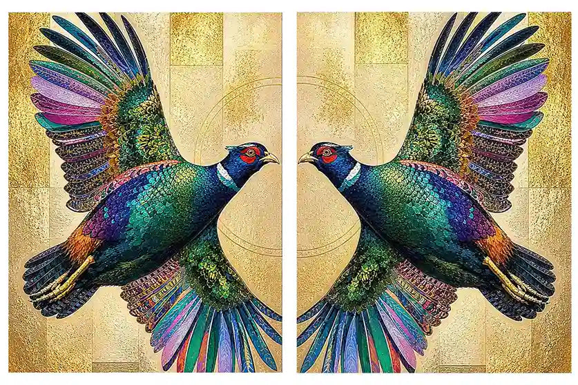 Colorful mirrored bird diptych canvas art with gold accents for luxury living room decor.