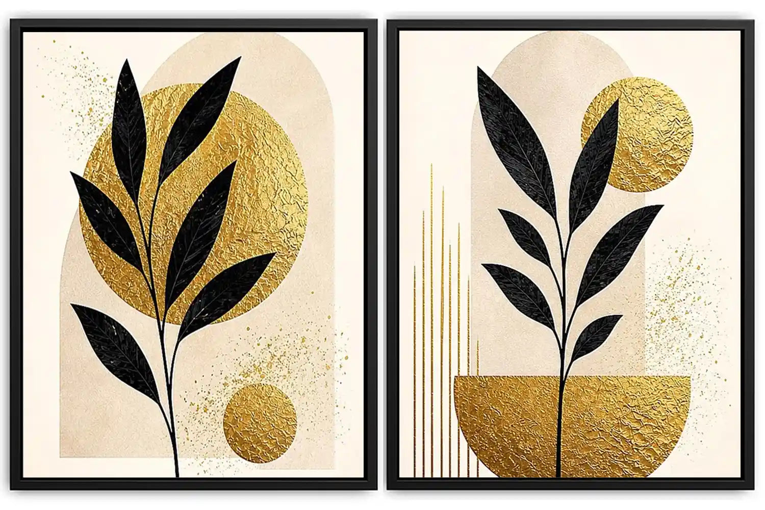 Black and gold botanical diptych canvas art for modern living room decor.