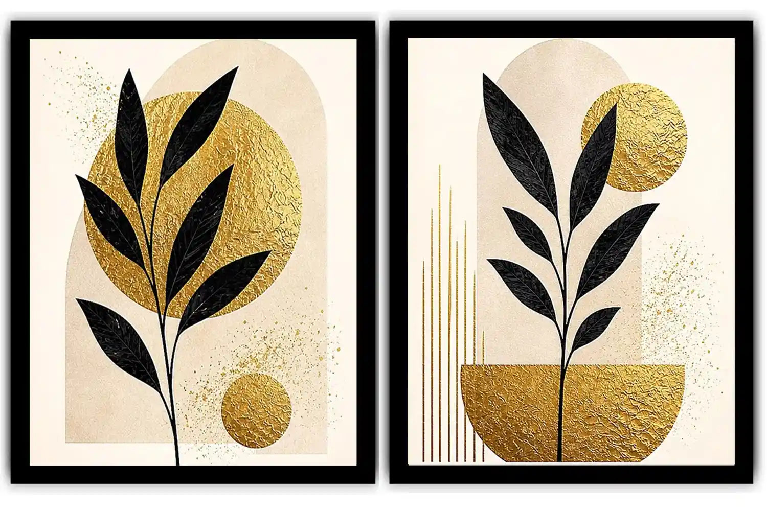 Black and gold botanical diptych canvas art for modern living room decor.