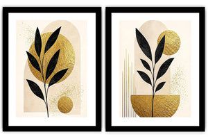 Black and gold botanical diptych canvas art for modern living room decor.