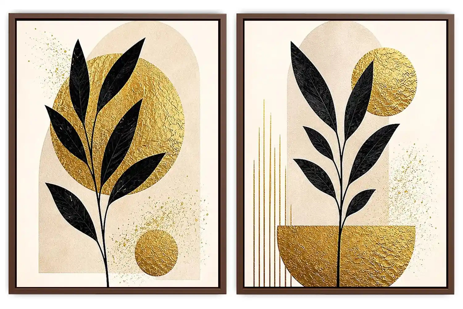 Black and gold botanical diptych canvas art for modern living room decor.