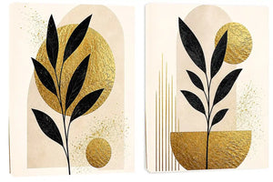 Black and gold botanical diptych canvas art for modern living room decor.