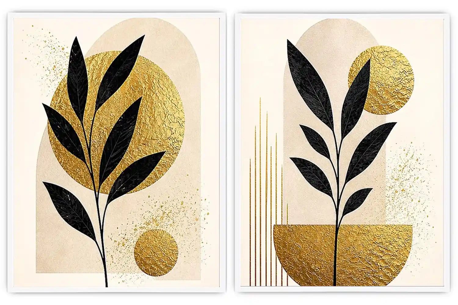 Black and gold botanical diptych canvas art for modern living room decor.