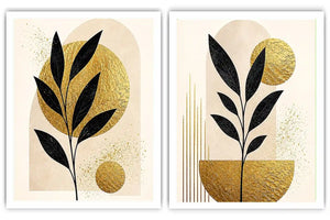 Black and gold botanical diptych canvas art for modern living room decor.