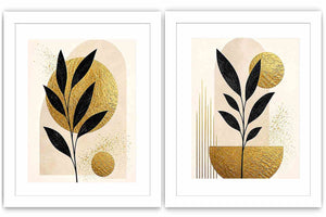 Black and gold botanical diptych canvas art for modern living room decor.