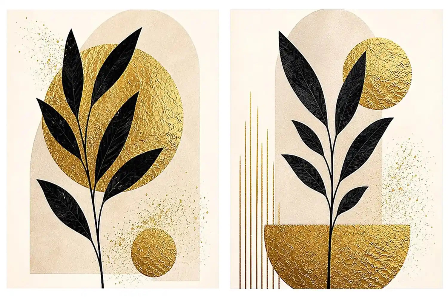 Black and gold botanical diptych canvas art for modern living room decor.