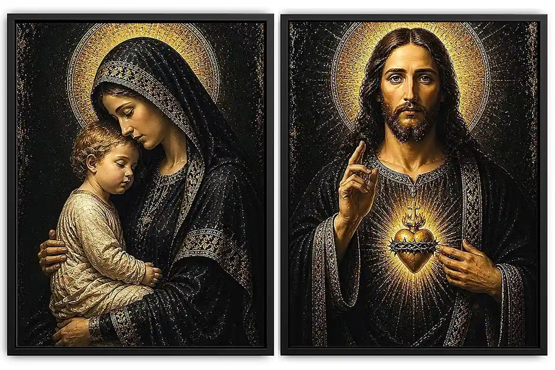 Sacred Jesus and Mary religious canvas art with gold halos for elegant home decor.