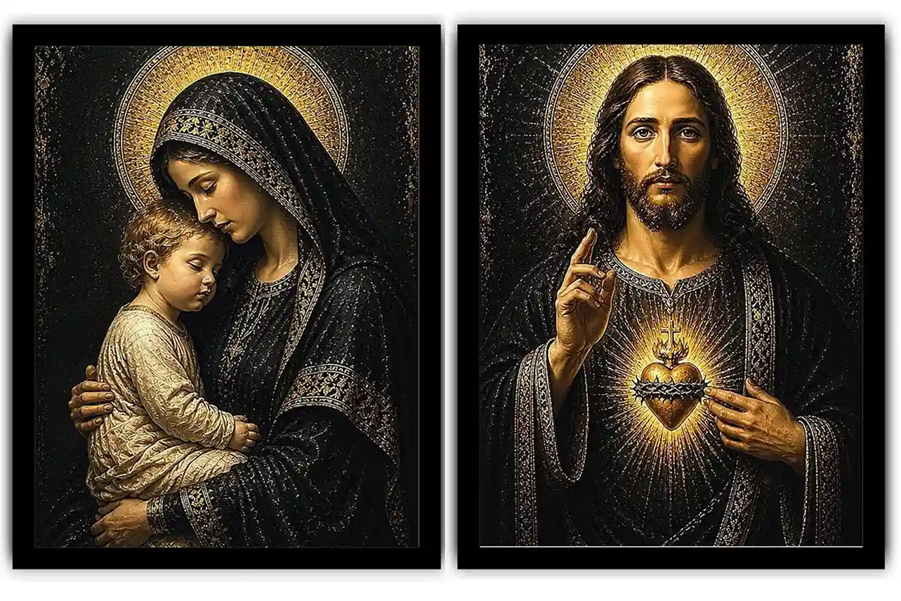 Sacred Jesus and Mary religious canvas art with gold halos for elegant home decor.
