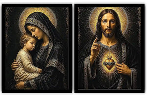 Sacred Jesus and Mary religious canvas art with gold halos for elegant home decor.