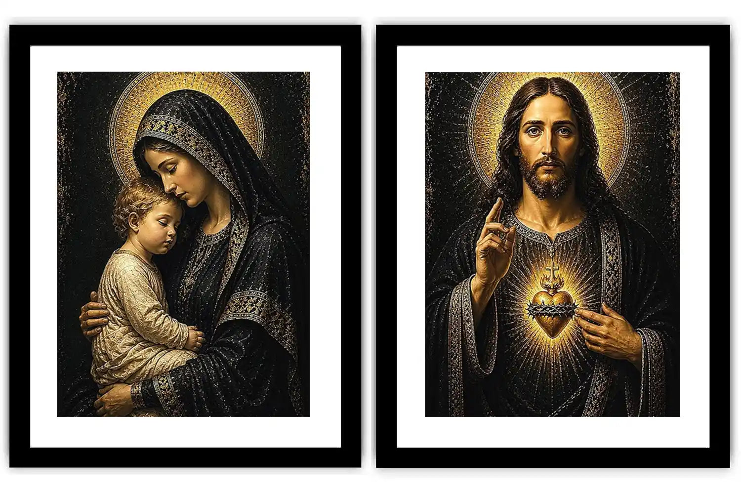 Sacred Jesus and Mary religious canvas art with gold halos for elegant home decor.
