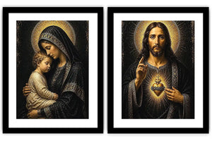 Sacred Jesus and Mary religious canvas art with gold halos for elegant home decor.