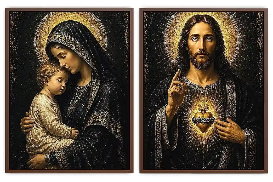 Sacred Jesus and Mary religious canvas art with gold halos for elegant home decor.