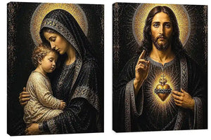 Sacred Jesus and Mary religious canvas art with gold halos for elegant home decor.