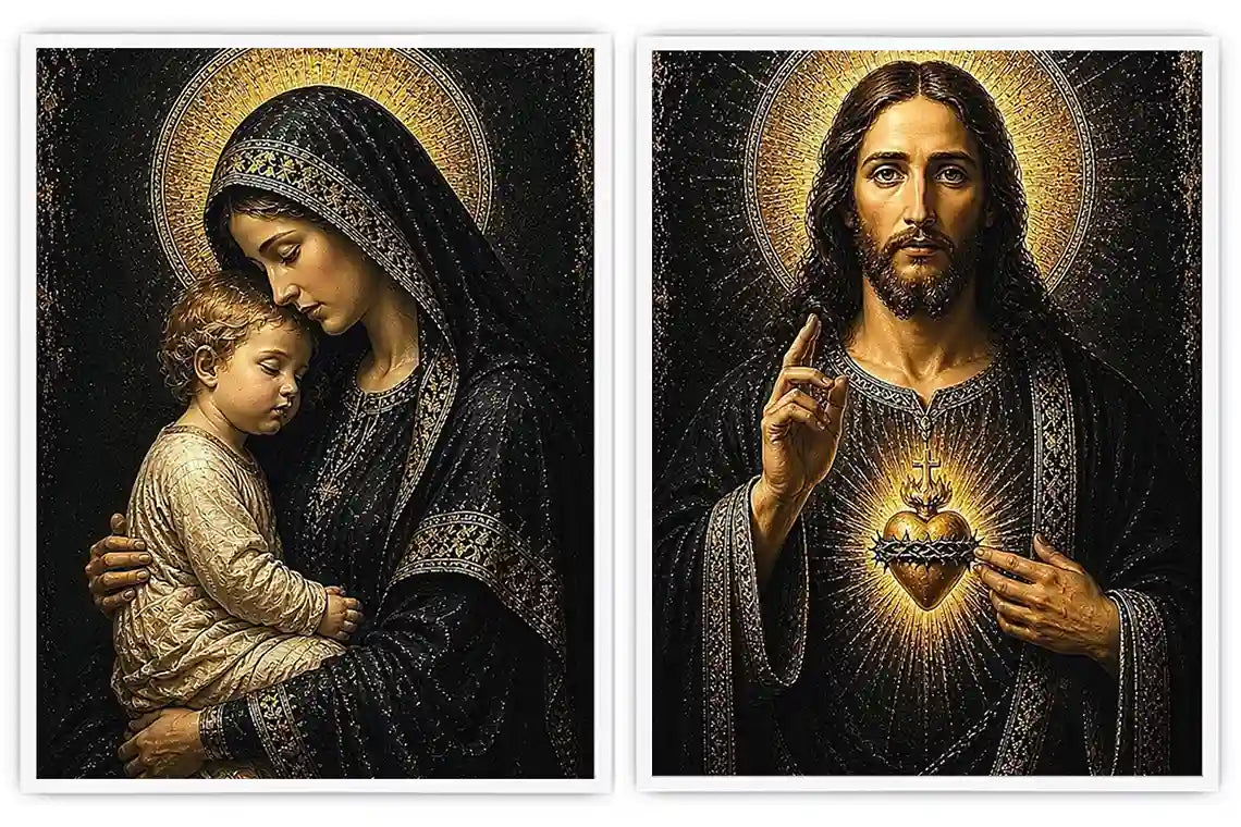 Sacred Jesus and Mary religious canvas art with gold halos for elegant home decor.