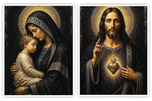 Sacred Jesus and Mary religious canvas art with gold halos for elegant home decor.
