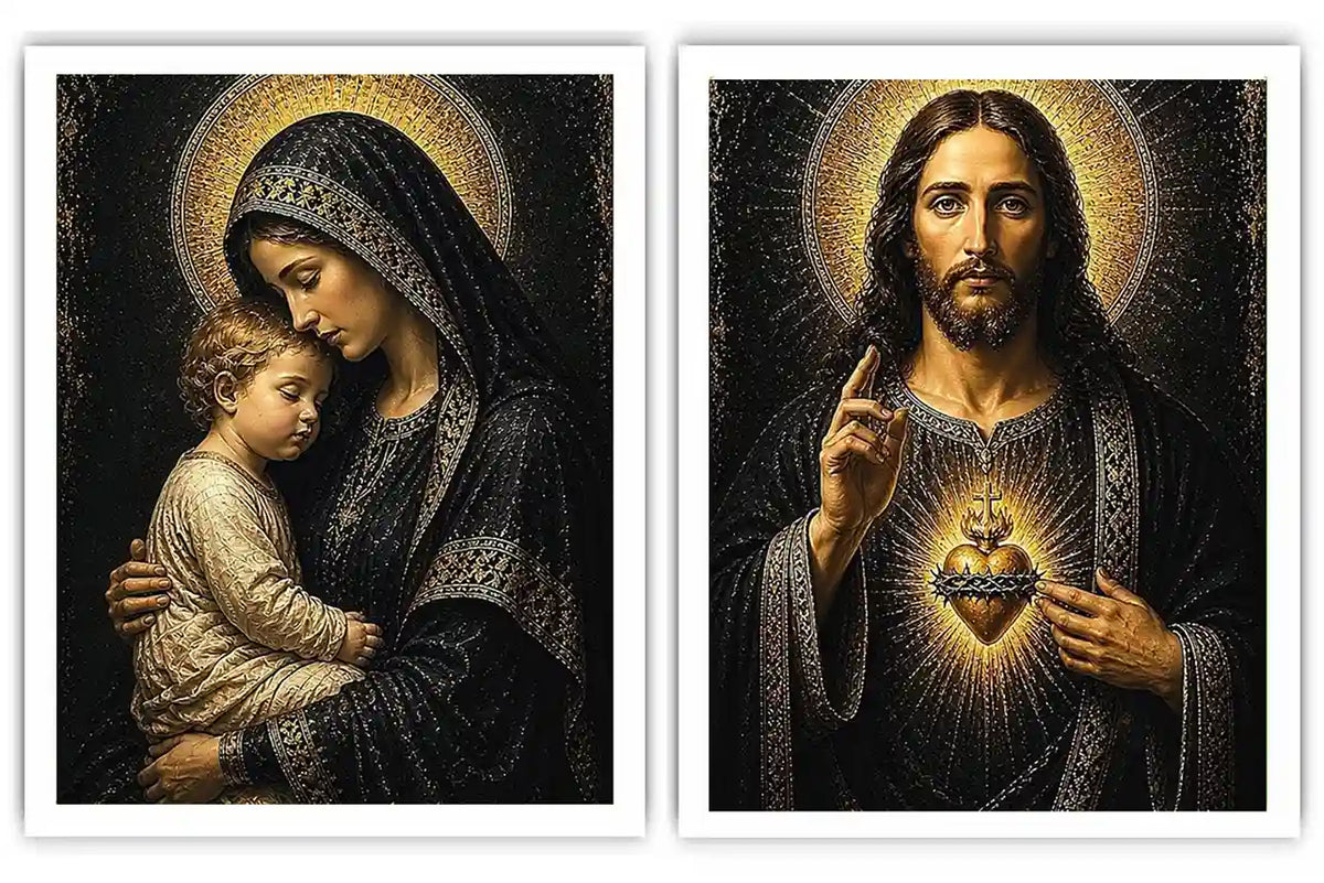 Sacred Jesus and Mary religious canvas art with gold halos for elegant home decor.