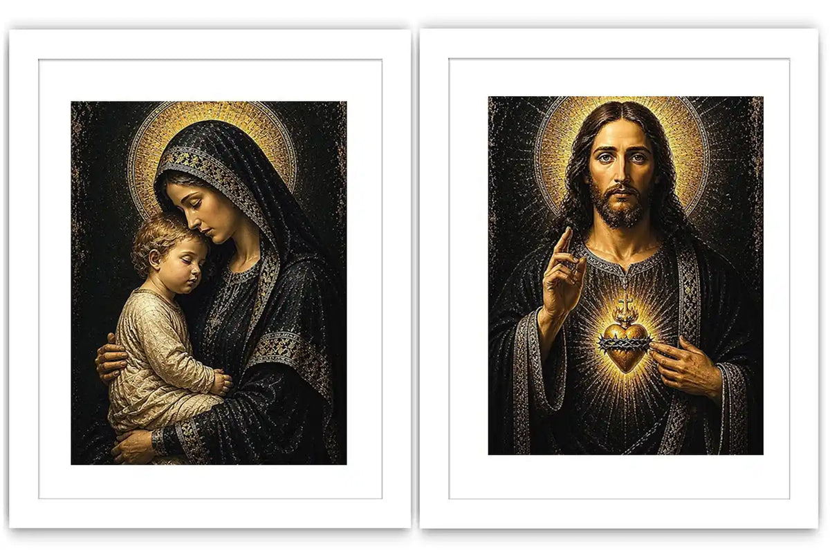Sacred Jesus and Mary religious canvas art with gold halos for elegant home decor.