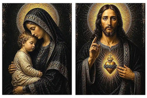 Sacred Jesus and Mary religious canvas art with gold halos for elegant home decor.