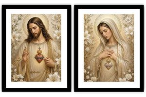 Jesus and Mary floral religious canvas art with gold halos for elegant home decor.