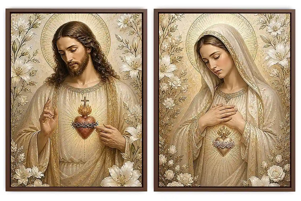 Jesus and Mary floral religious canvas art with gold halos for elegant home decor.