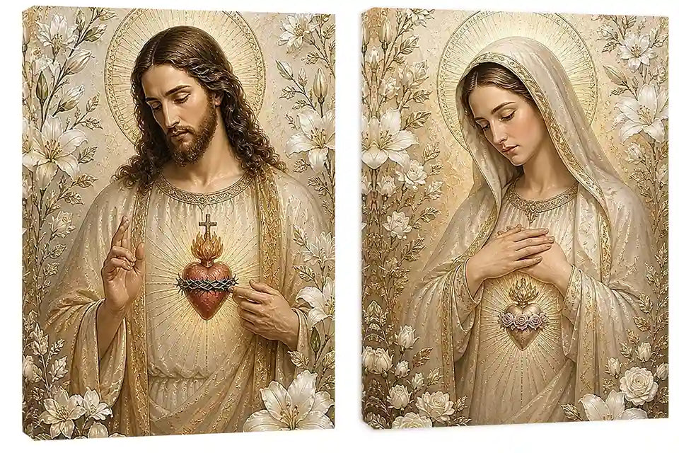 Jesus and Mary floral religious canvas art with gold halos for elegant home decor.